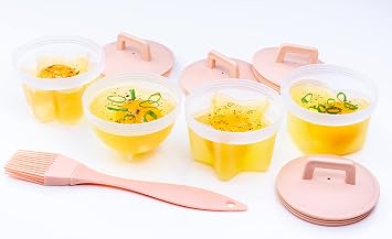 Egg poacher cups - microwave egg poacher - stovetop hard boiled egg mold soft boiled egg holder - jello cups with lids pink set of 4 + oil brush