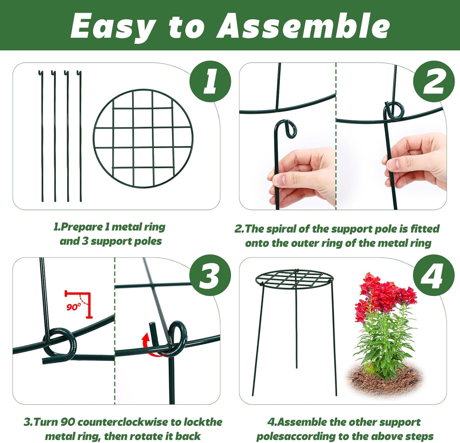4 Pack Round Peony Cages and Supports 20 x 30 Inches (D x H) Grow Through Grid Plant Brace Plant Support Stake Heavy Duty Metal Flower Support Rings for Rose Tomato Hydrangea Strawberry