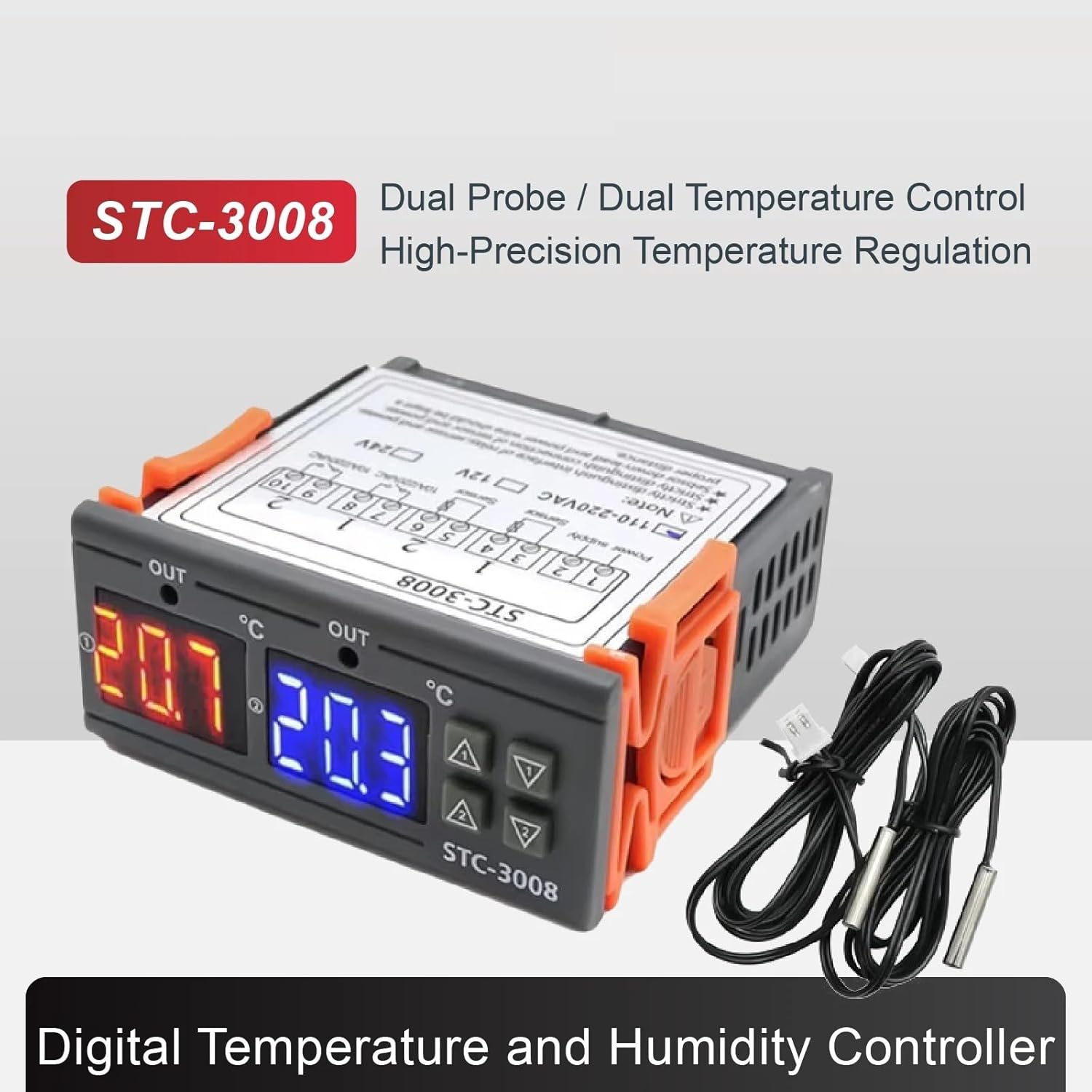 STC-3008/3028 Dual Display Digital Thermostat Temperature Humidity Controller 12V 24V 220V Dual Relay(STC-3008-12V)
