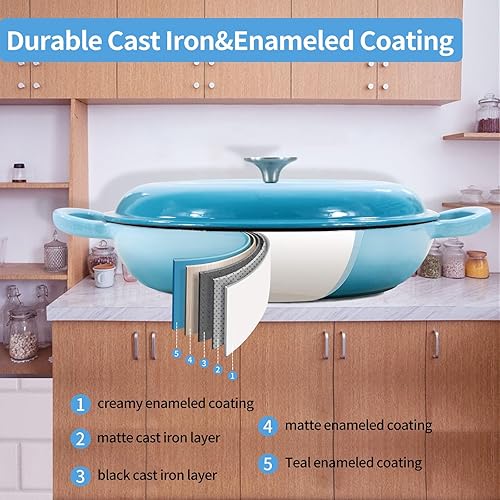 Miniatura 7 de Cacerola de hierro fundido COOKWIN, 3.8 QT, Sartén de hierro fundido con tapa y asas dobles, olla de superficie esmaltada de porcelana, Verde azulado