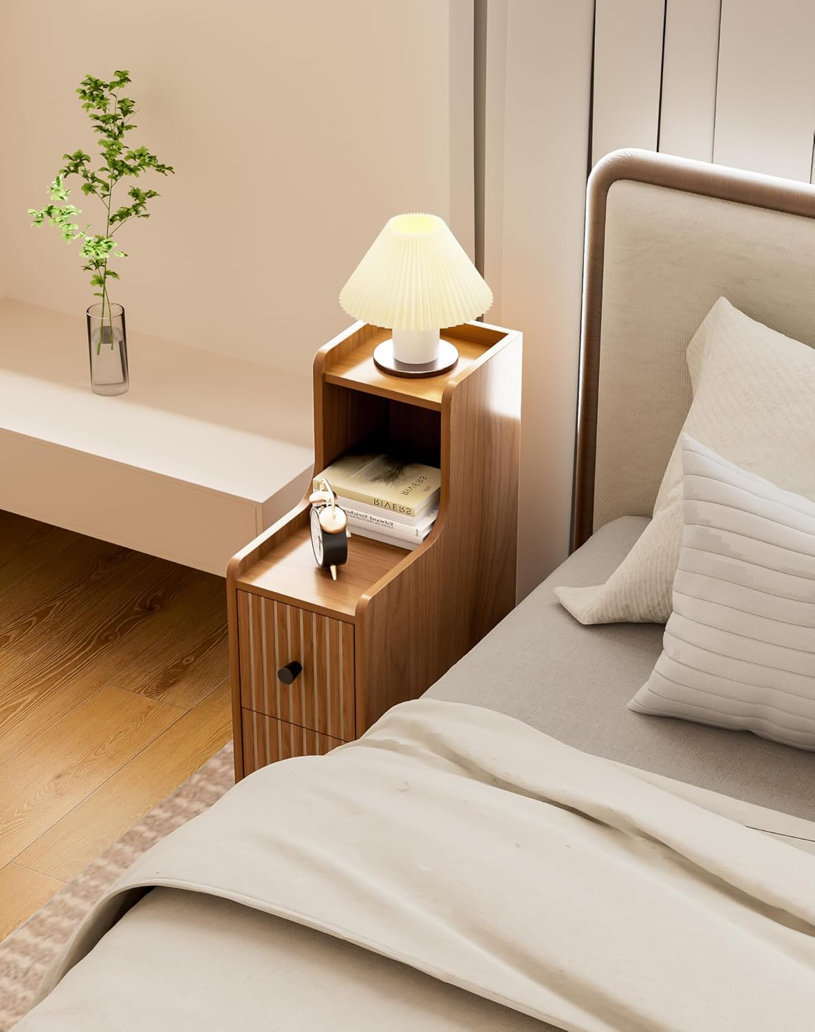 Narrow Side Table with 2 Drawers, Small Bedside Tables, Mid Century Modern Slim Night Stand with Storage, Wooden End Table for Small Spaces, Bedroom, Living Room（No Charging Station）