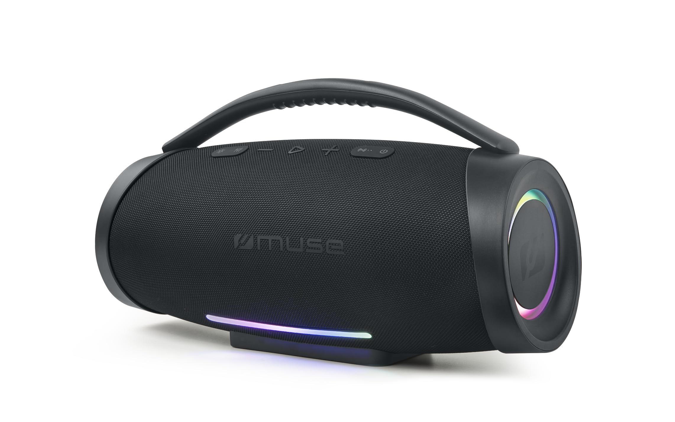 Muse M970BT. Altavoz Bluetooth Resistente a Las Salpicaduras con Luces incorporadas.300 W de Potencia. Manos Libres. Concector de Carga USB-C. Puerto USB de Carga y repodrucción.