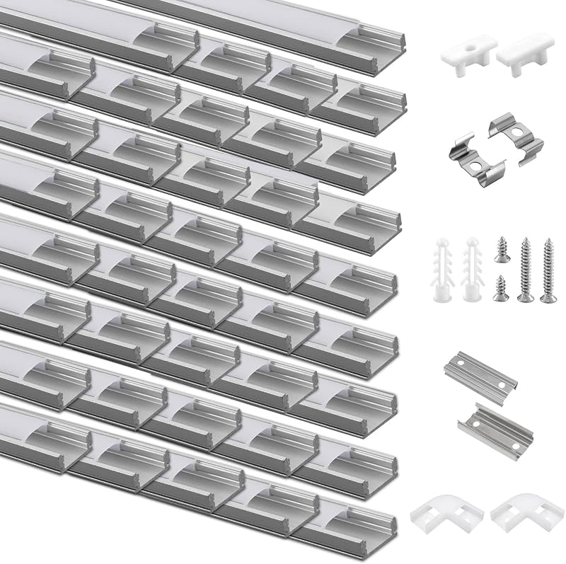 Efishine U-alakú LED Alumínium Profil Szett - 40x1m Ezüst Csatorna Tejfehér Burkolattal, Végsapkákkal és Rögzítőkkel LED Szalagokhoz