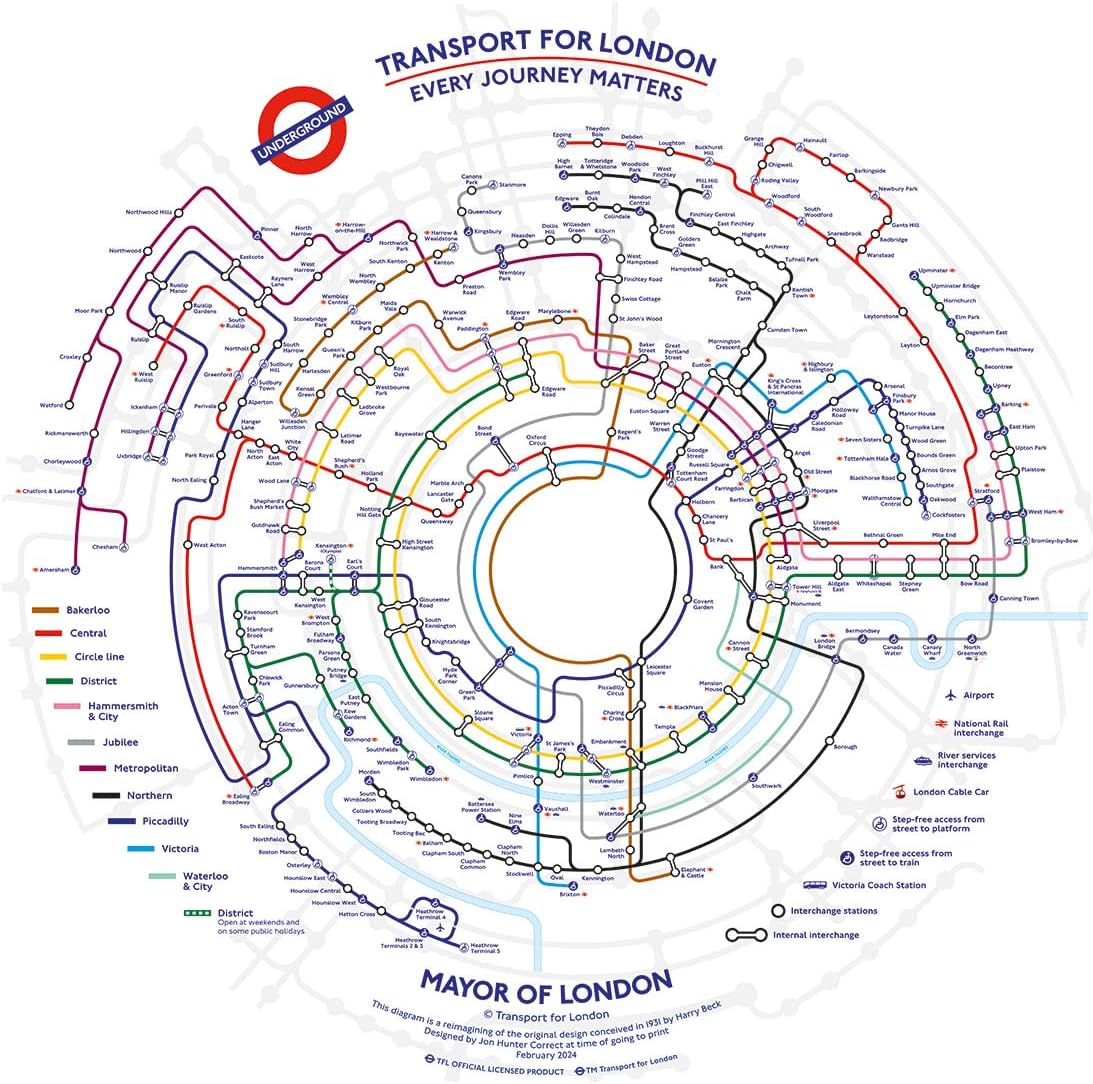 Gibsons TfL Circular Underground Tube Map 500 Piece Round Jigsaw Puzzle for Adults | Great Britain London Transport | Made in The UK | Sustainable Premium 100% Recycled Board Great Gift Gibsons Games