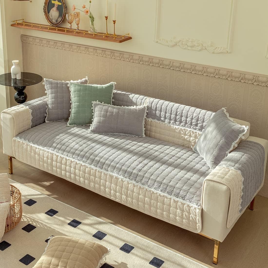 vctops Patchwork Corduroy Warm Sofa Cover Elegant Lace Quilted Sectional Couch Cover Soft Thick Non-Slip Sofa Slipcover Washable Furniture Protector for Living Room (Grey,36"x63")