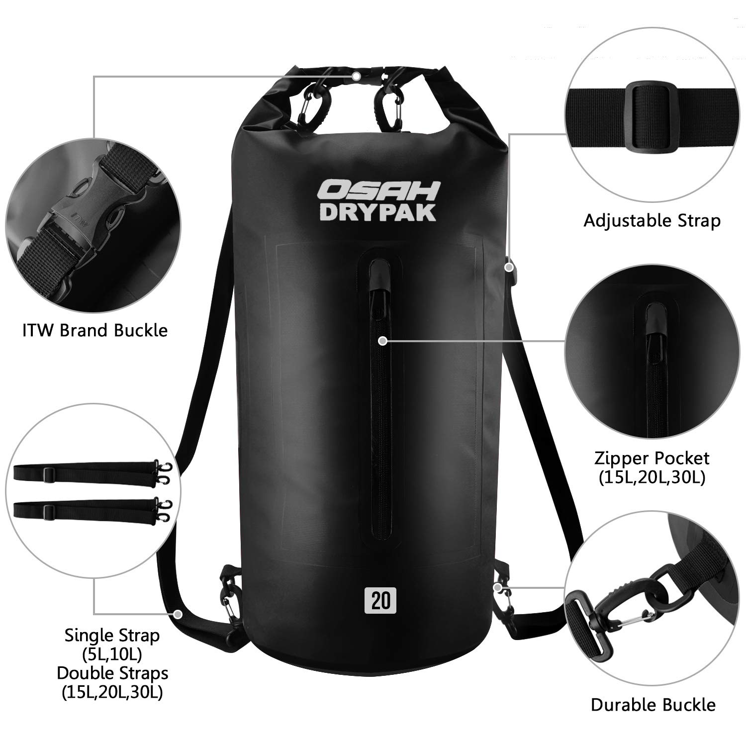 OSAH DRYPAK Borse Impermeabile Sacca Dry Bag 5L 10L 15L 20L 30L con Tracolla Regolabile per Spiaggia Sport d'Acqua Trekking Kayak Canoa Pesca Rafting Nuoto Campeggio