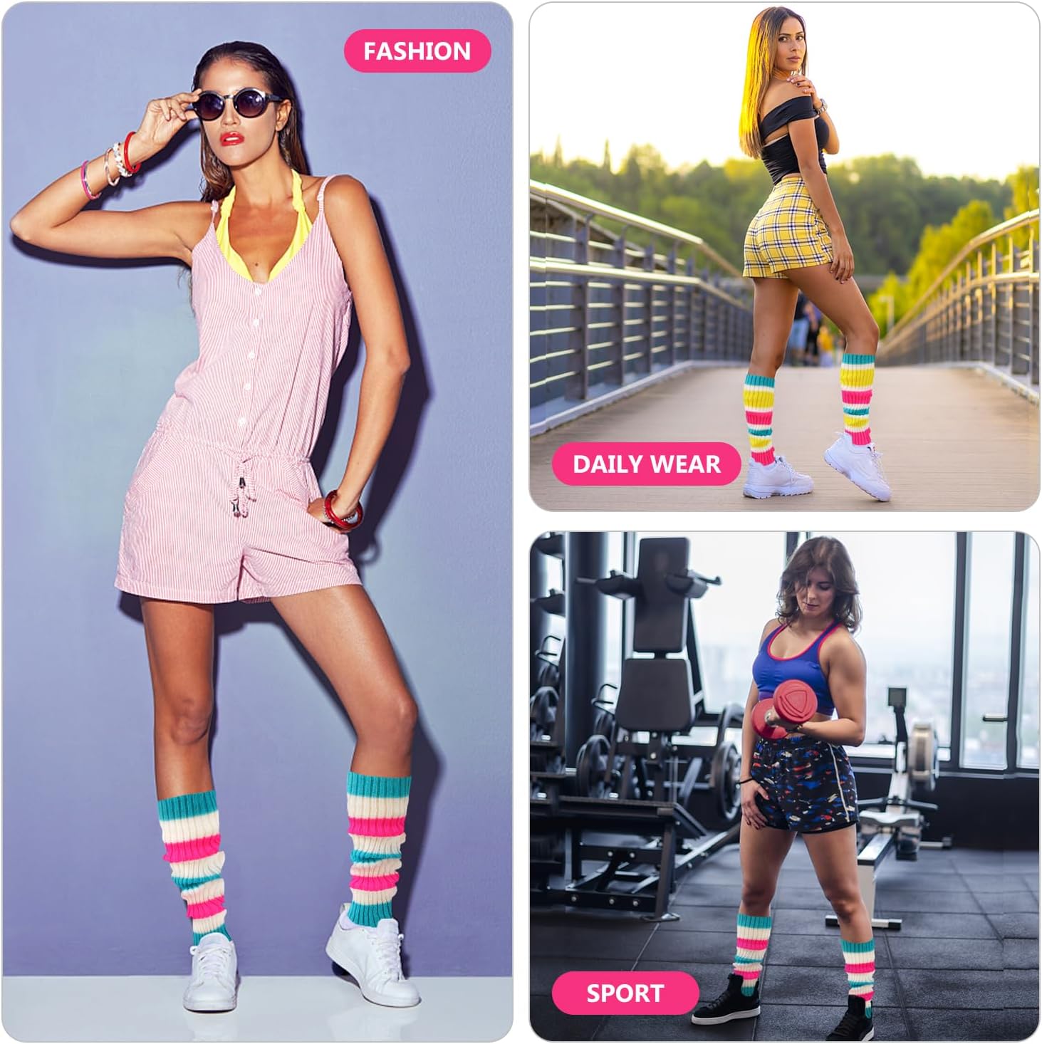 Junely 2 Pairs Leg Warmers for Women 80s Ribbed Knit Leg Warmer Pack for Ballet Dance Figure Skating Yoga Party Neon - Image 4