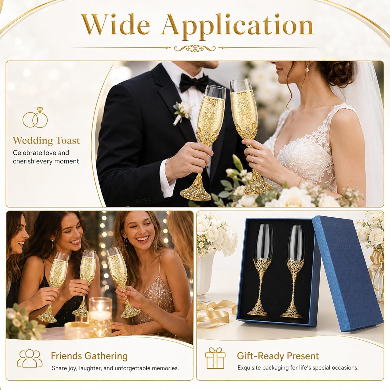 2 Pcs Gold Champagne Flutes, 9 oz Rhinestone Glasses with Hollow Carved Zinc Alloy Base, Elegant Toasting Cups for Wedding, Anniversary, Birthday Party, Ideal Bride and Groom Gift