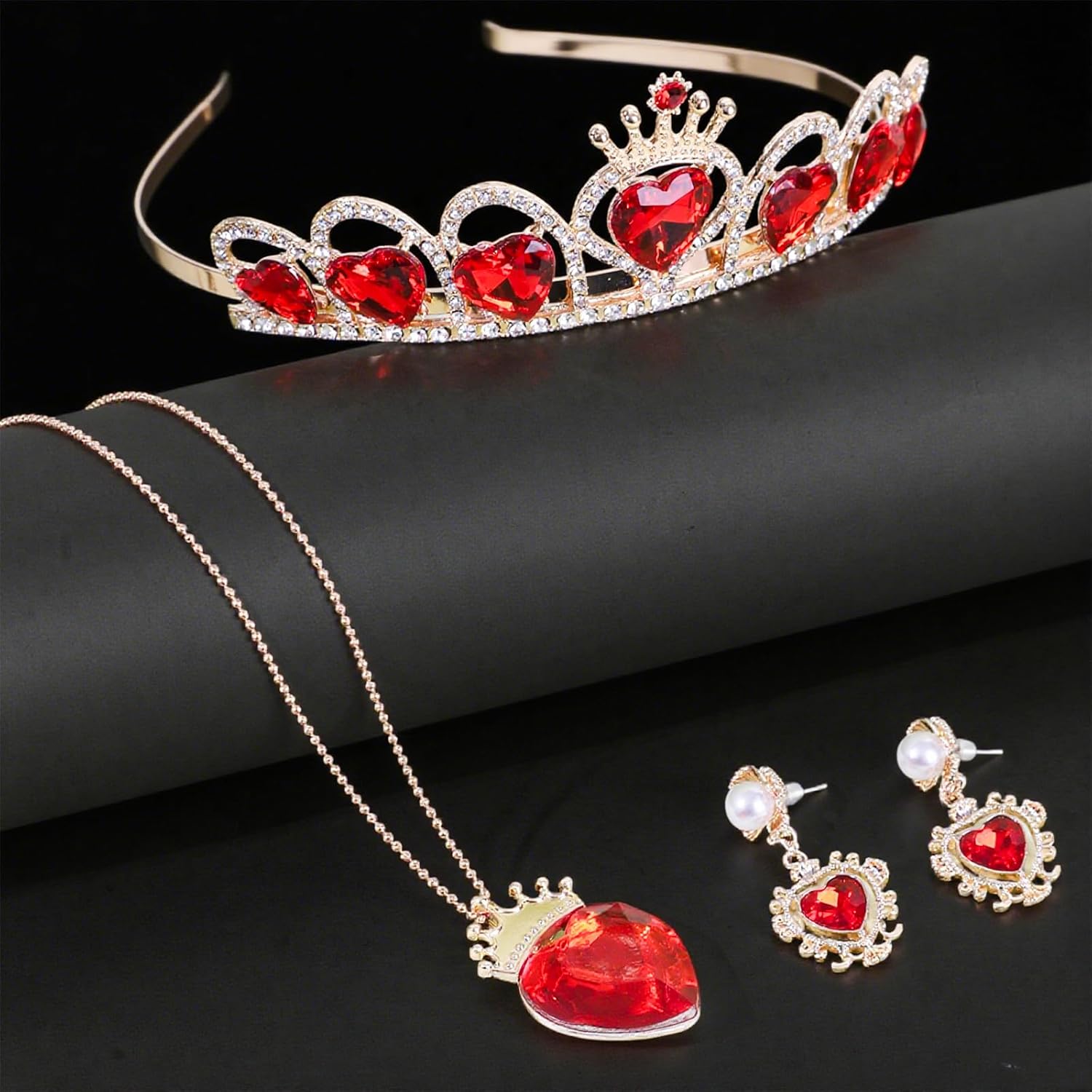 Evie Red Heart Necklace Queen of Heart Crown and Stud Earrings,Queen of Hearts Costume Jewelry Set for Woman Halloween Christmas Birthday Costume - Image 3