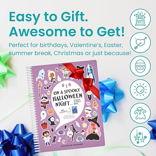 Miniatura 7 de CUPKIN - Libro de actividades de noche de Halloween para niños, innovador, para colorear lado a lado, adhesivos para niños, encuadernación espiral,