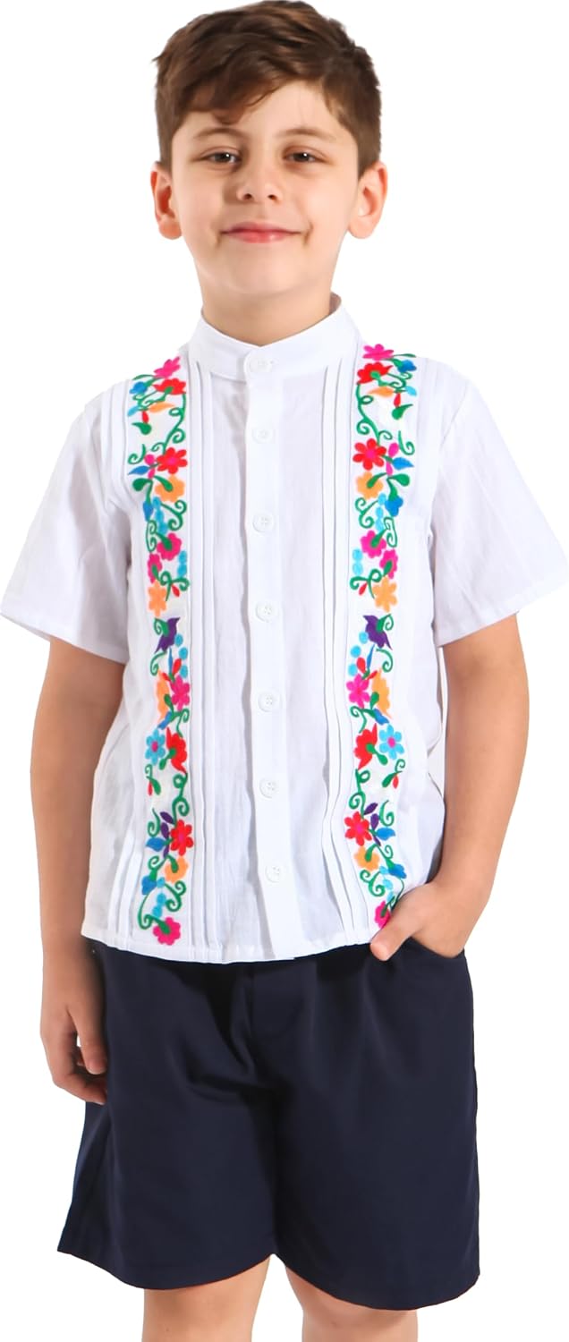 YZXDORWJ Boys Mexican Shirt Guayabera Shirts Kids Cuban Short Sleeve Tops Traditional Embroidered Casual Blouse Toddler