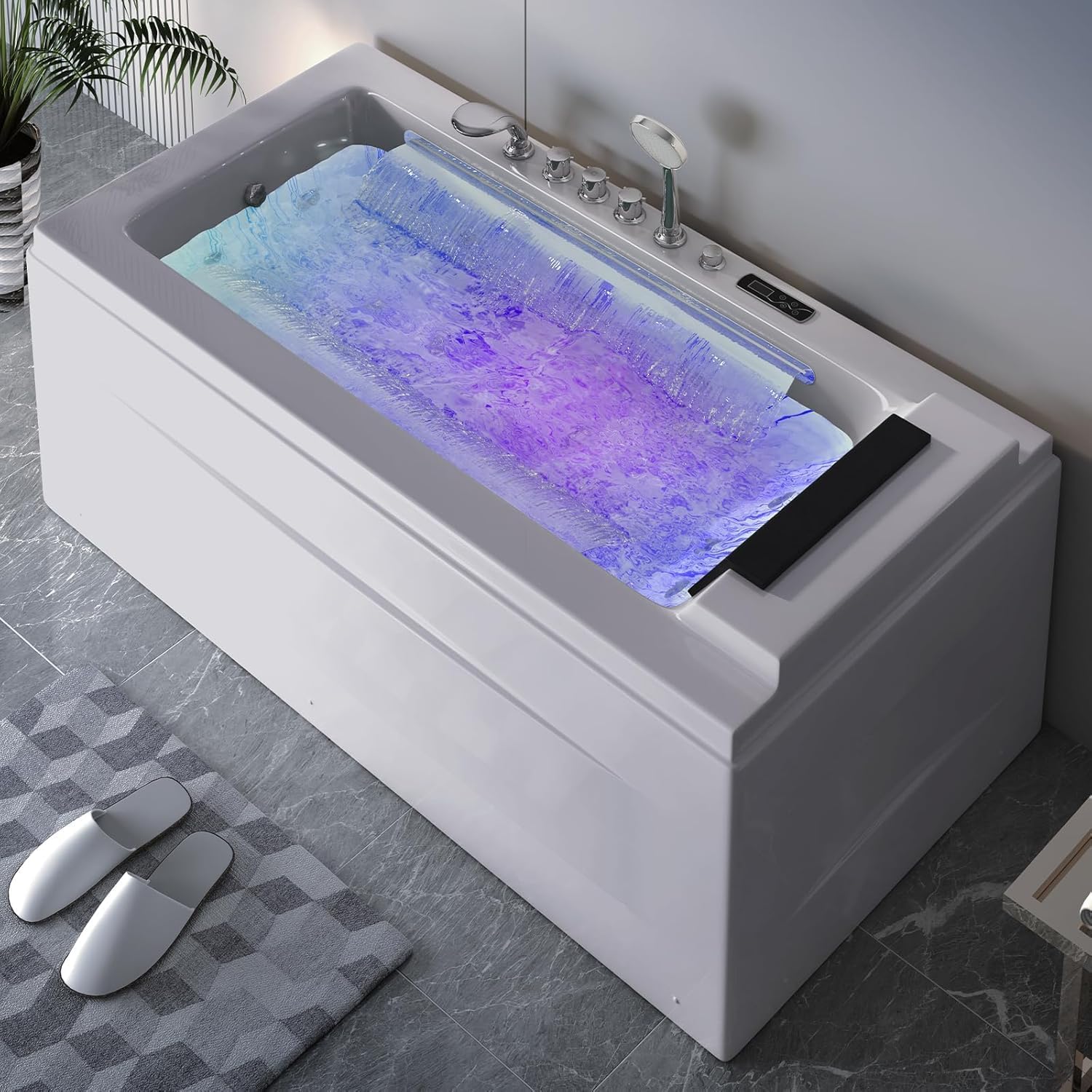PUREMIND Whirlpool Bathtub,67” Jetted Tub with Heater,Hydro Massage Bathtub w 9 Water Jets+8 Air Jets,SPA Bathtub with Waterfall,Whirlpool Tub with Chromatherapy,LED Control Panel (White, Left Side)