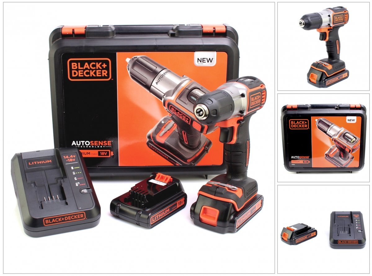 BLACK+DECKER, Trapano/Avvitatore Autosense™ 18V Litio in valigetta con doppia batteria e caricabatterie rapido. ASD18KB-QW