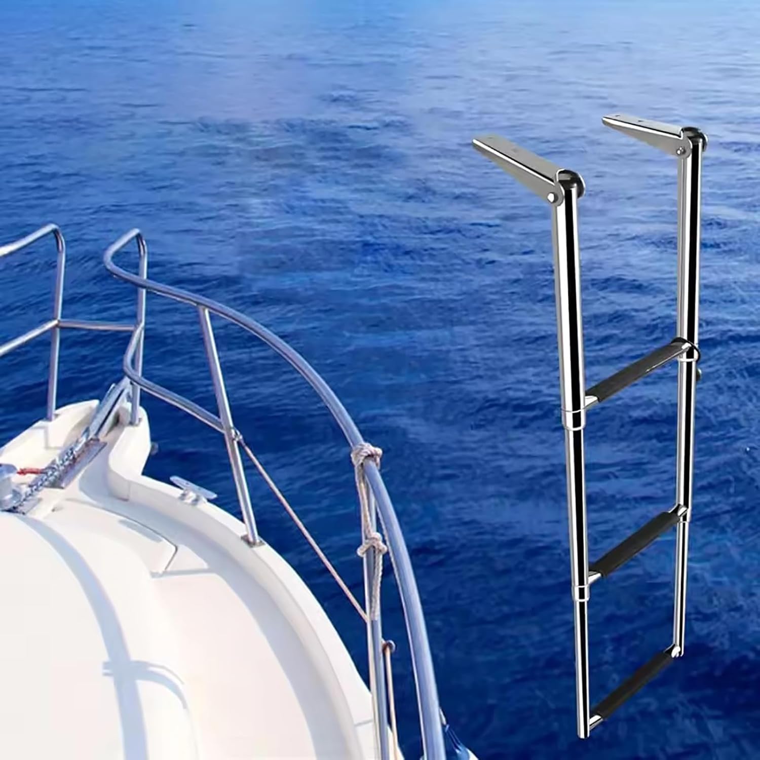 Pontoon Boat Ladder 3/4 Step Folding, Stainless Steel Under Platform Swim Sliding Ladder for Boats,Yacht,Heavy-Duty with Non-Slip Treads,Silver,4 Step