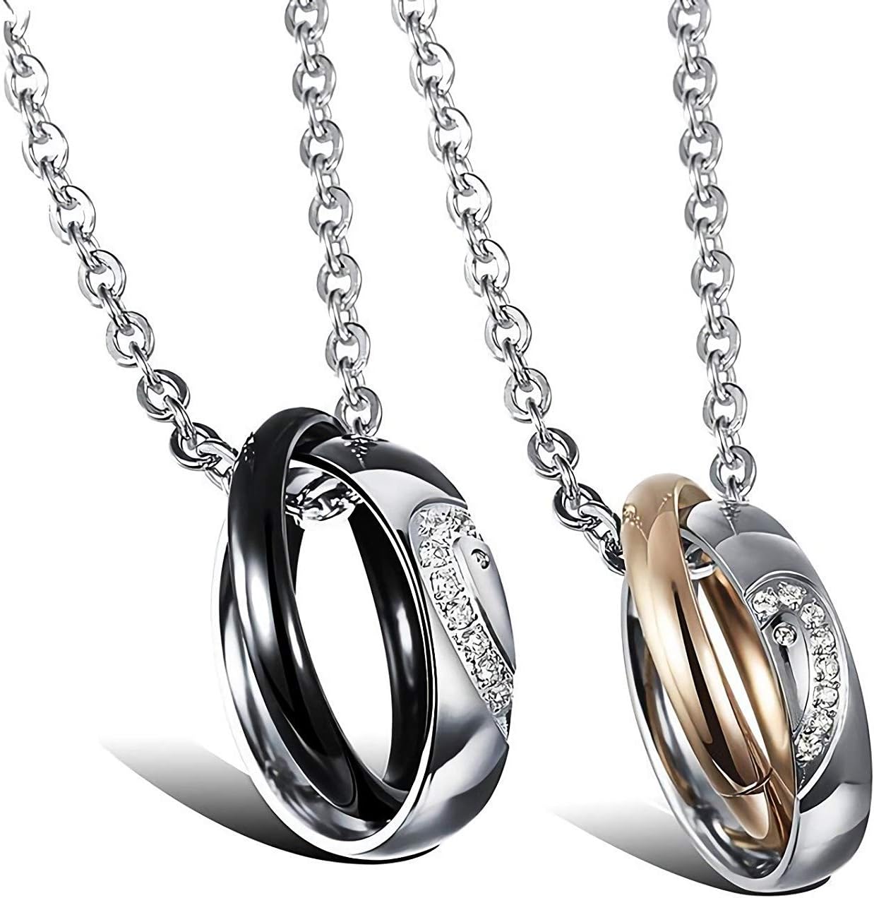 Sweheart Stainless Steel His & Hers Rings Heart Couple Necklace CZ Love Matching Heart Pendants (A Pair)