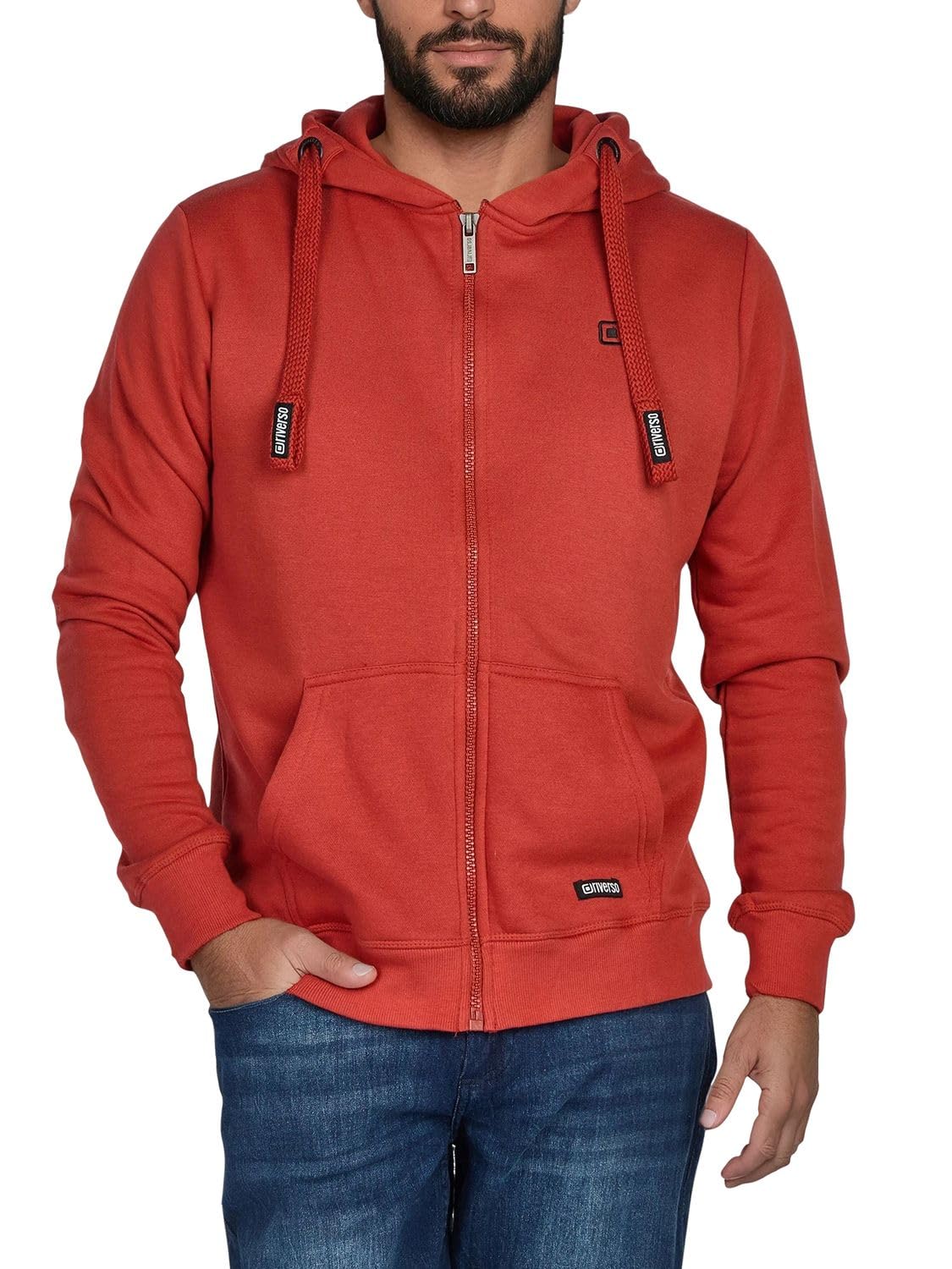 riverso RIVNoah Men's Sweat Jacket with Hood Zip Regular Fit Hooded Jacket Brown Red Blue Black Green Grey Beige S M L XL XXL 3XL 4XL 5XL, Rusty Ochre Red (15400), S