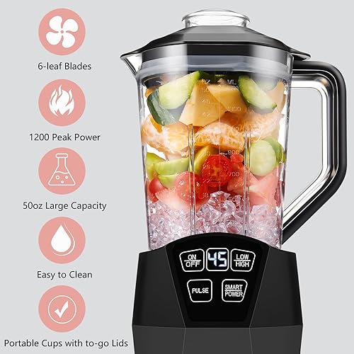 Miniatura 2 de Licuadora personal con 1200 W de pico de vatios, tecnología inteligente para bebidas congeladas, batidos, batidos y salsas, con dos tazas para