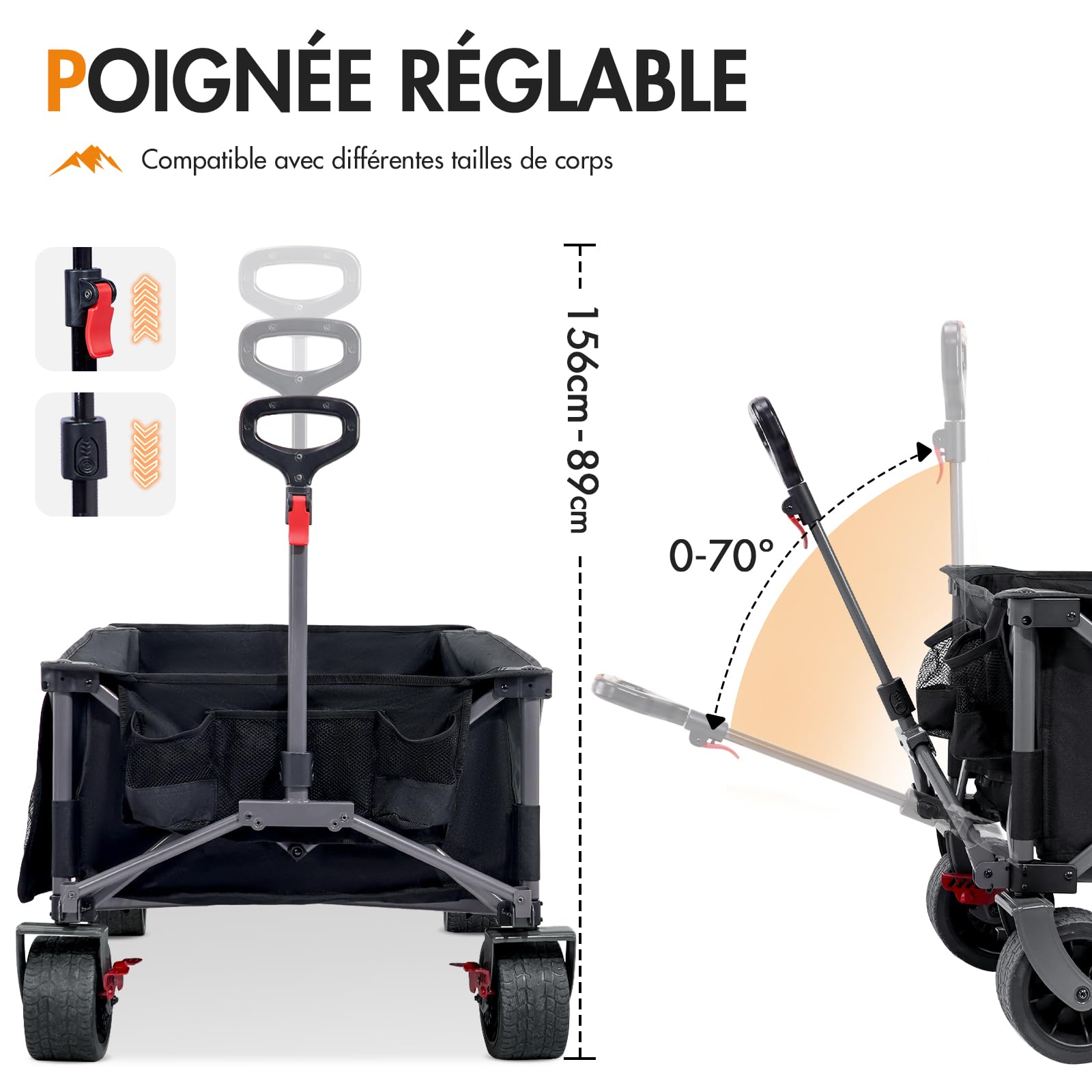 Portal Chariot de Plage Pliable, 600L Chariot de Transport à roulettes Tout Terrain Poignée Réglable Charrette pour Extérieur Camping Pique-Nique avec Filet à Bagages Roue Amovibles de 16 cm