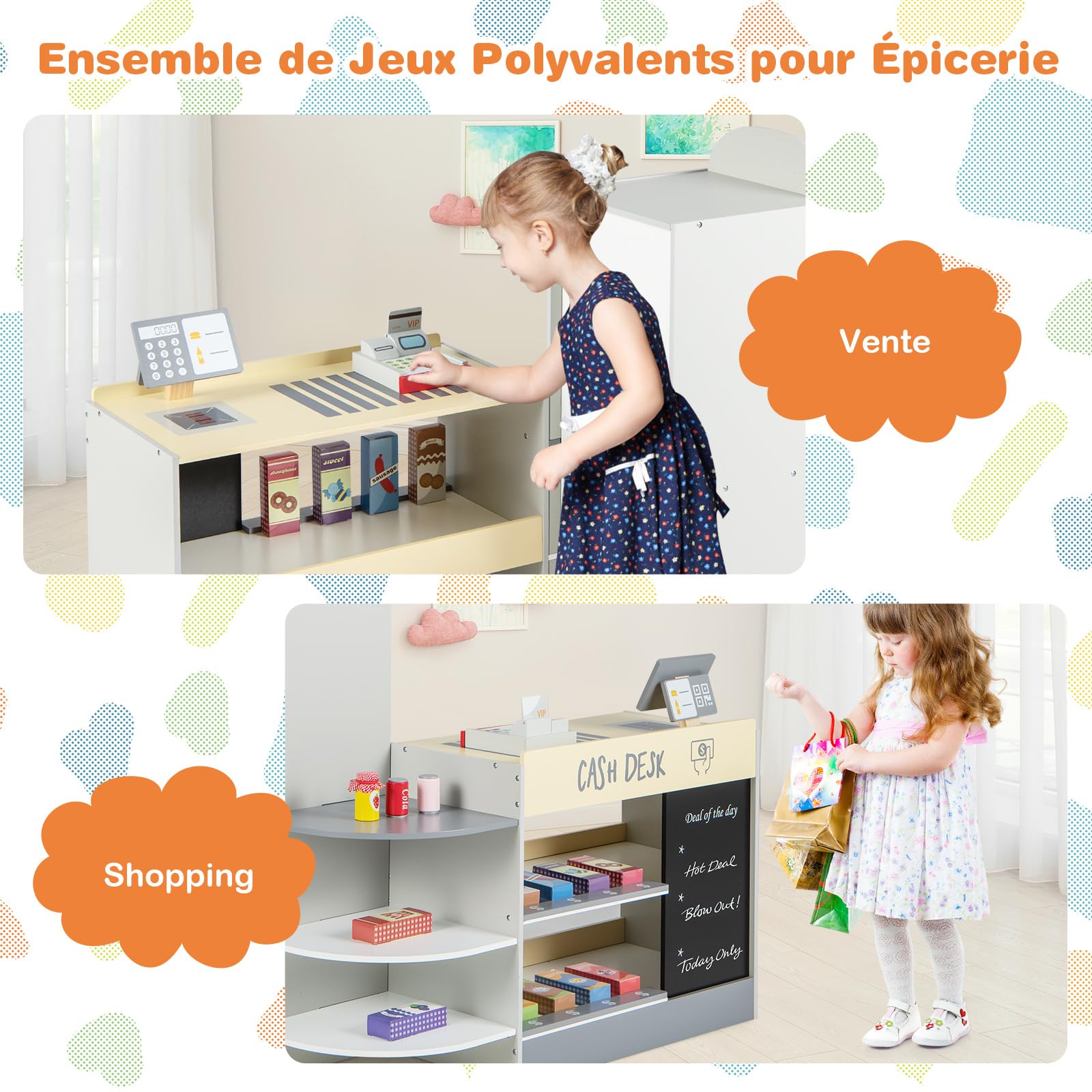 COSTWAY Épicerie Enfants en Bois avec 15 Accessoires & Distributeur Automatique, Marchande Enfants avec Caisse Enregistreuse Réaliste & Tableau Noir, Jeu d’Imitation pour Enfants de 3-8 Ans (Gris)