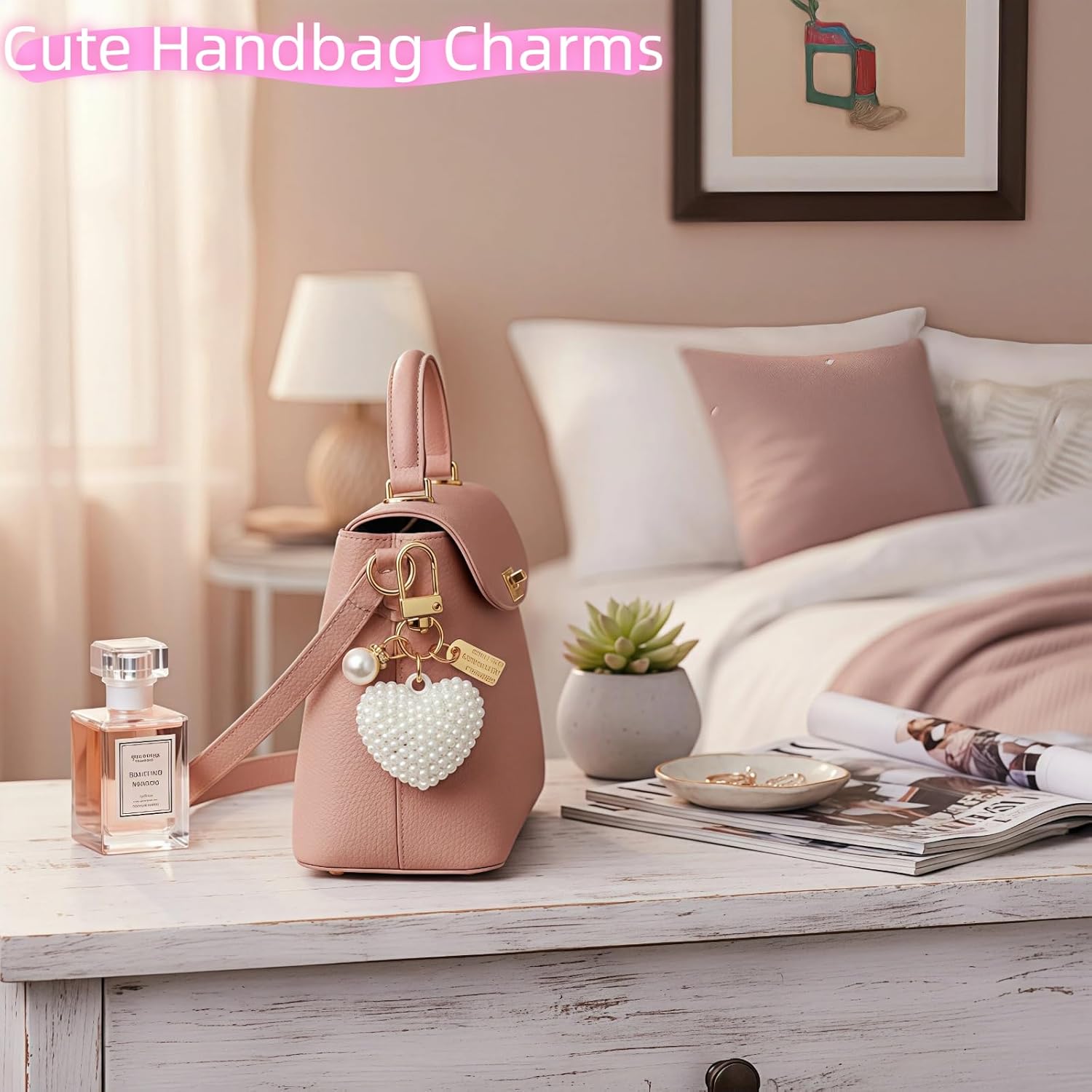 Cute Keychain Accessories for Women Girls Gift, Heart with Pearl Gold Keychains Bag Charms for Handbag Purse KeyRing (Pearl White) - Image 7