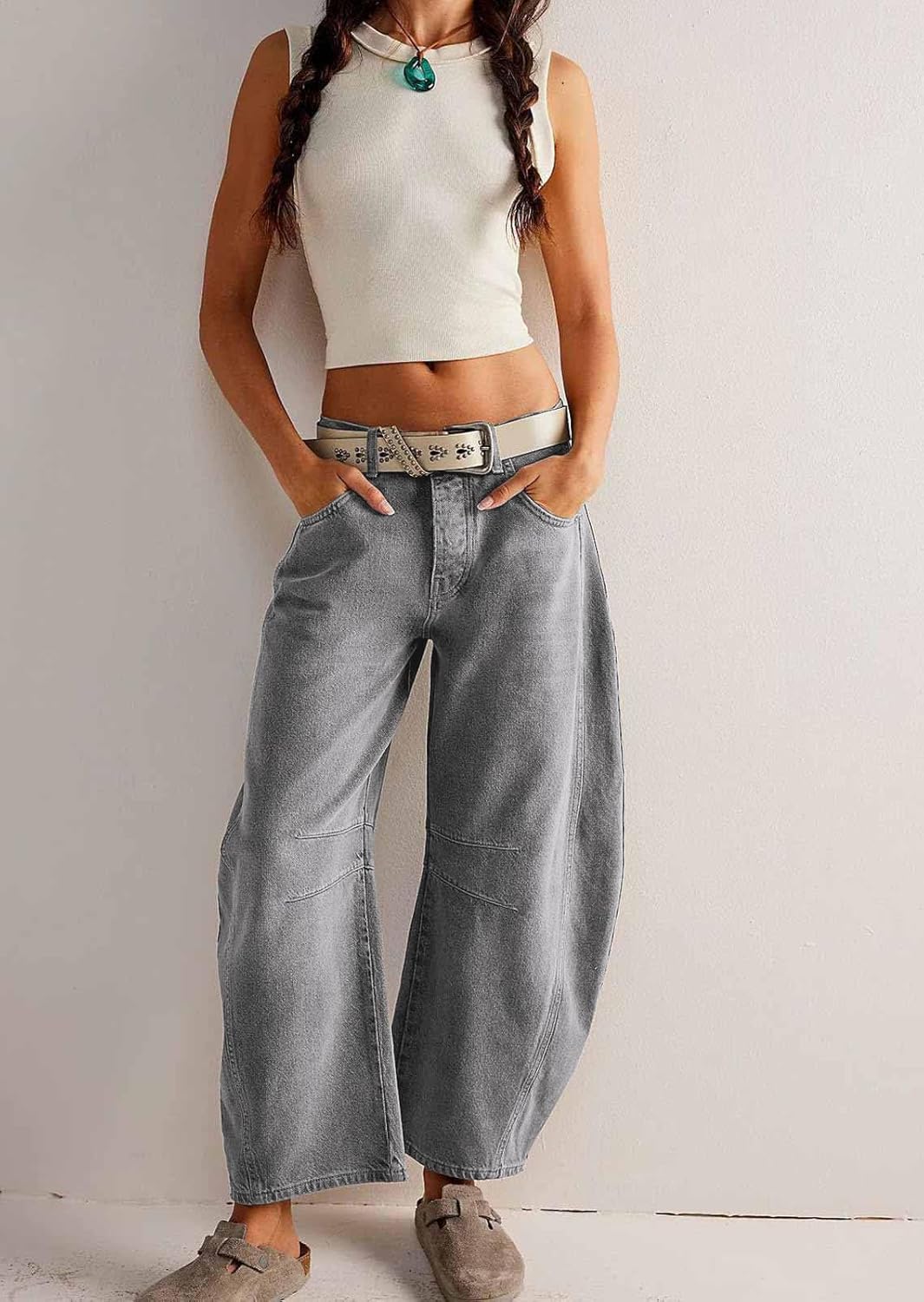 Womens Stretchy Mid Rise Barrel Jeans Vintage Loose Wide Leg Cropped Denim Pants Y2k Baggy Boyfriend Jeans - Image 2