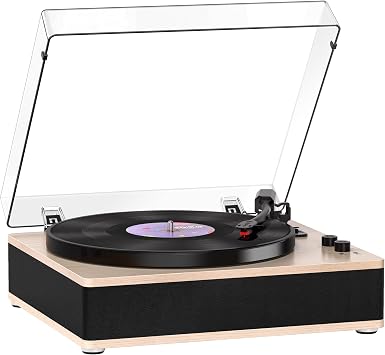 Vinyl Record Player Bluetooth Turntable 3-Speed Full-Size Platter | Built-in Speakers, with Bluetooth Receiver, Counterweight & Auto-Stop, RCA Out/Aux, Ivory Belt Drive LP Player