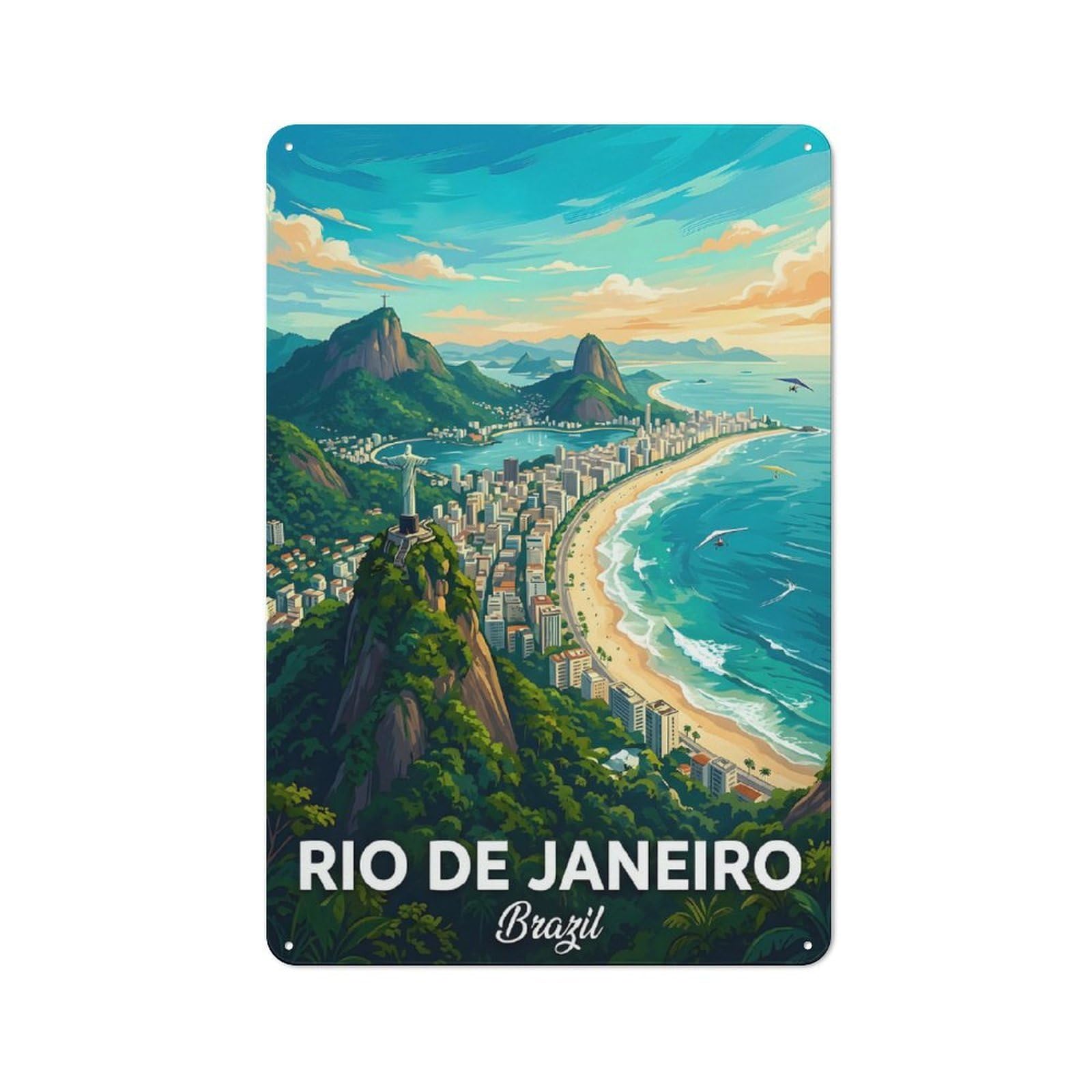 Junmoney Style-7 Retro-Style Tin Sign 30X20cm Featuring Rio De Janeiro Cityscape With Christ The Redeemer For Hallway Wall, For Garage, Workshop And Man Cave Decoration