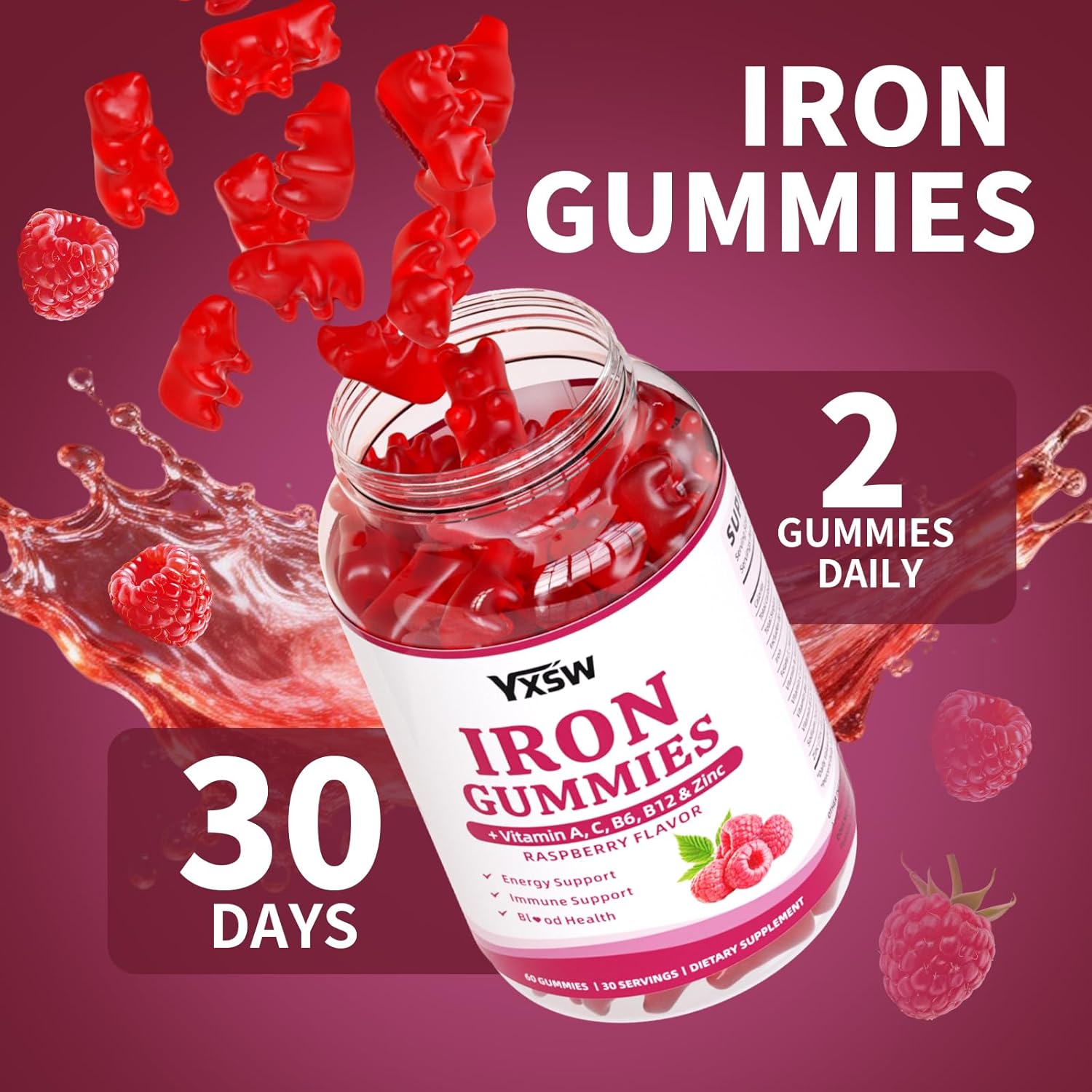 Iron Gummies for Women & Men, Vegan Iron Supplement Gummies with Vitamin C, A, B-Complex, Folate, Zinc- for Immune Health & Energy Support, Raspberry Flavor, 120 Count