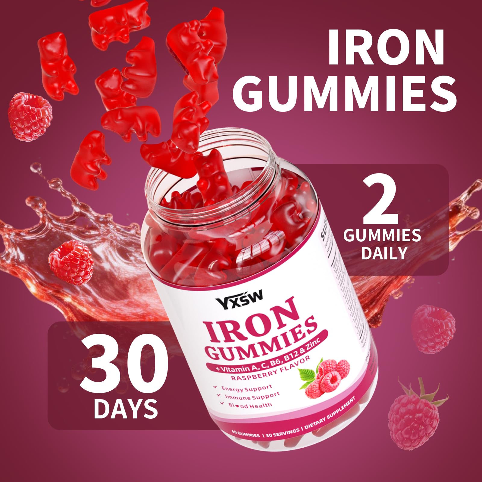 Iron Gummies for Women & Men, Vegan Iron Supplement Gummies with Vitamin C, A, B-Complex, Folate, Zinc- for Immune Health & Energy Support, Raspberry Flavor, 60 Count — Amazon image 7