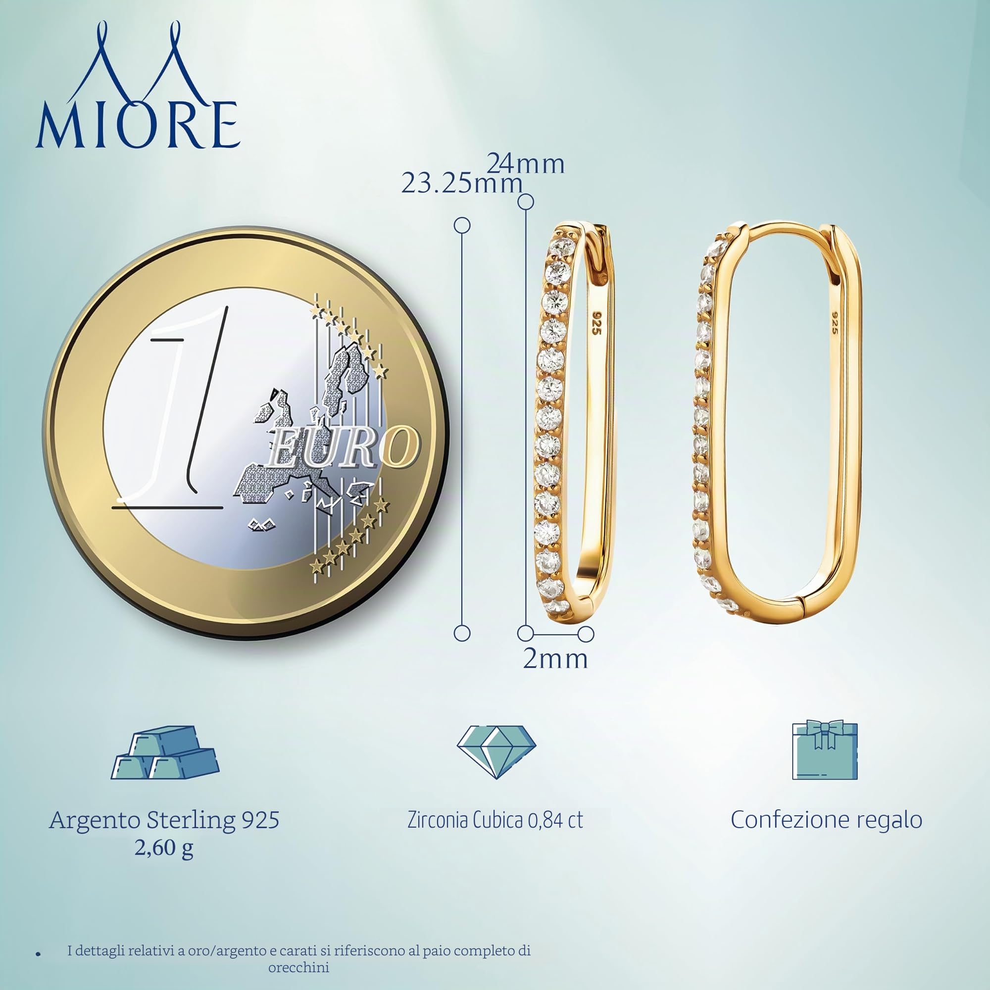 Miore Orecchini Donna Argento e Placcati Oro Giallo 18KT, Orecchini cerchio Ovale in Argento 925 e fila di Zirconi. Orecchino Classico anallergico.