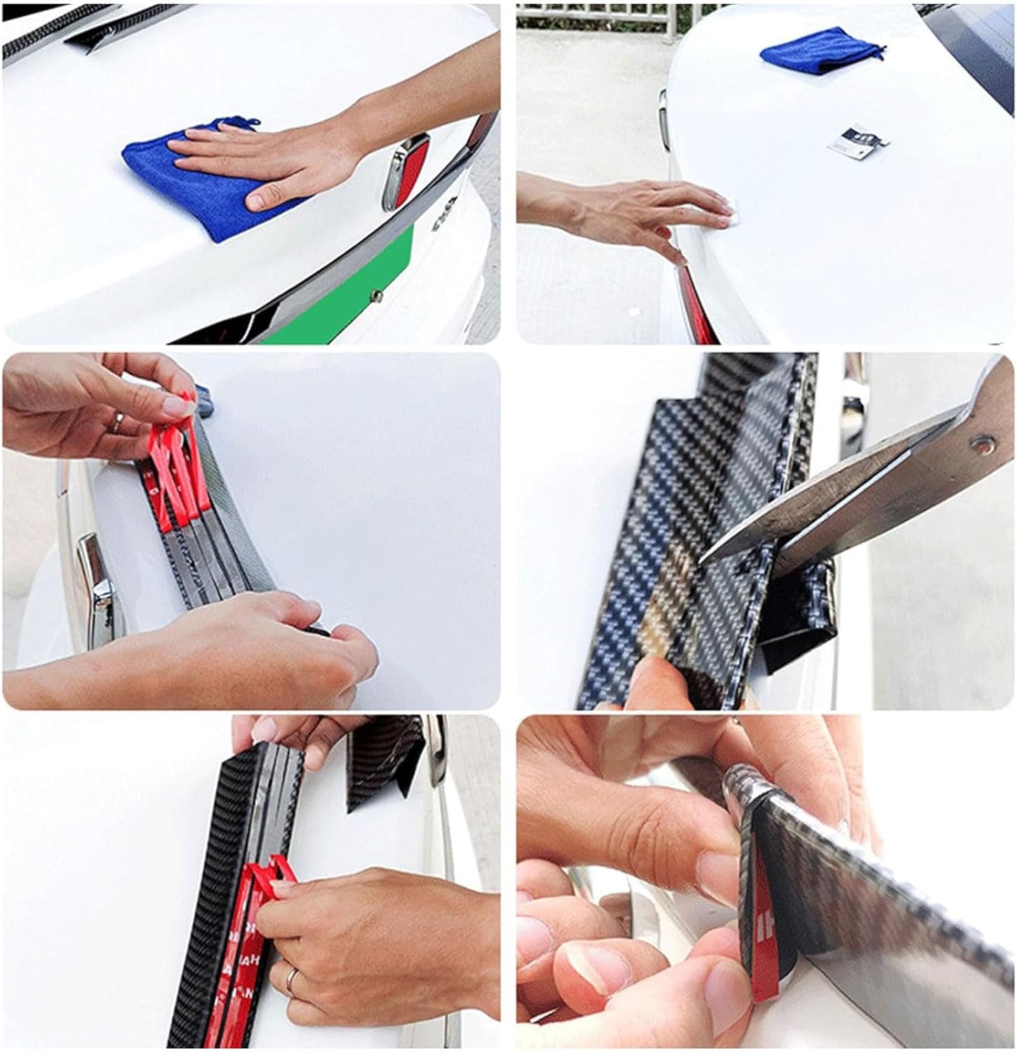 Multi-panel image showing steps for cleaning the car surface, test fitting the spoiler, preparing the double-sided tape, and applying the spoiler.