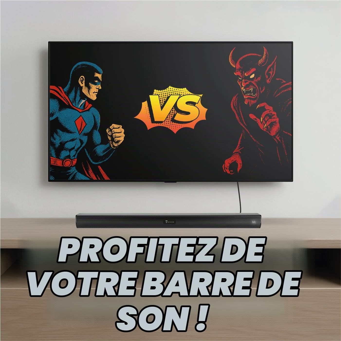 TECHMADE Barre de son TV 2.0 Bluetooth - Puissance maximale 120 W - Entrées HDMI ARC/USB/AUX/optique - Audio puissant, basses profondes - Compacte, installation murale