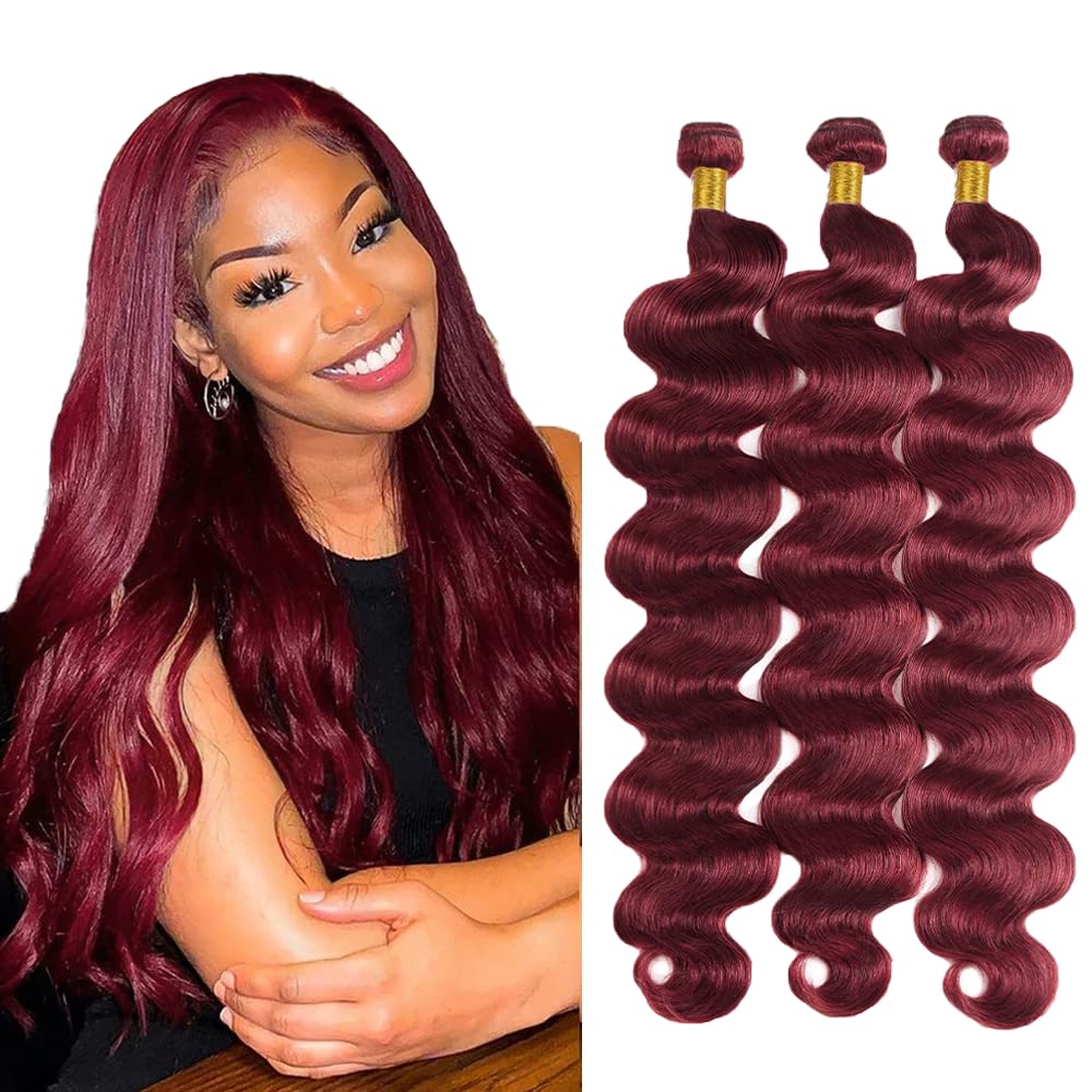 #99J Wine Red Bundles Human Hair Body Wave Bundles 20 20 20 Inch Burgundy Body Wave Bundle Human Hair Extensions Double Weft Unprocessed Brazilian Virgin Hair 3 Bundle 50 Grams Per Bundle