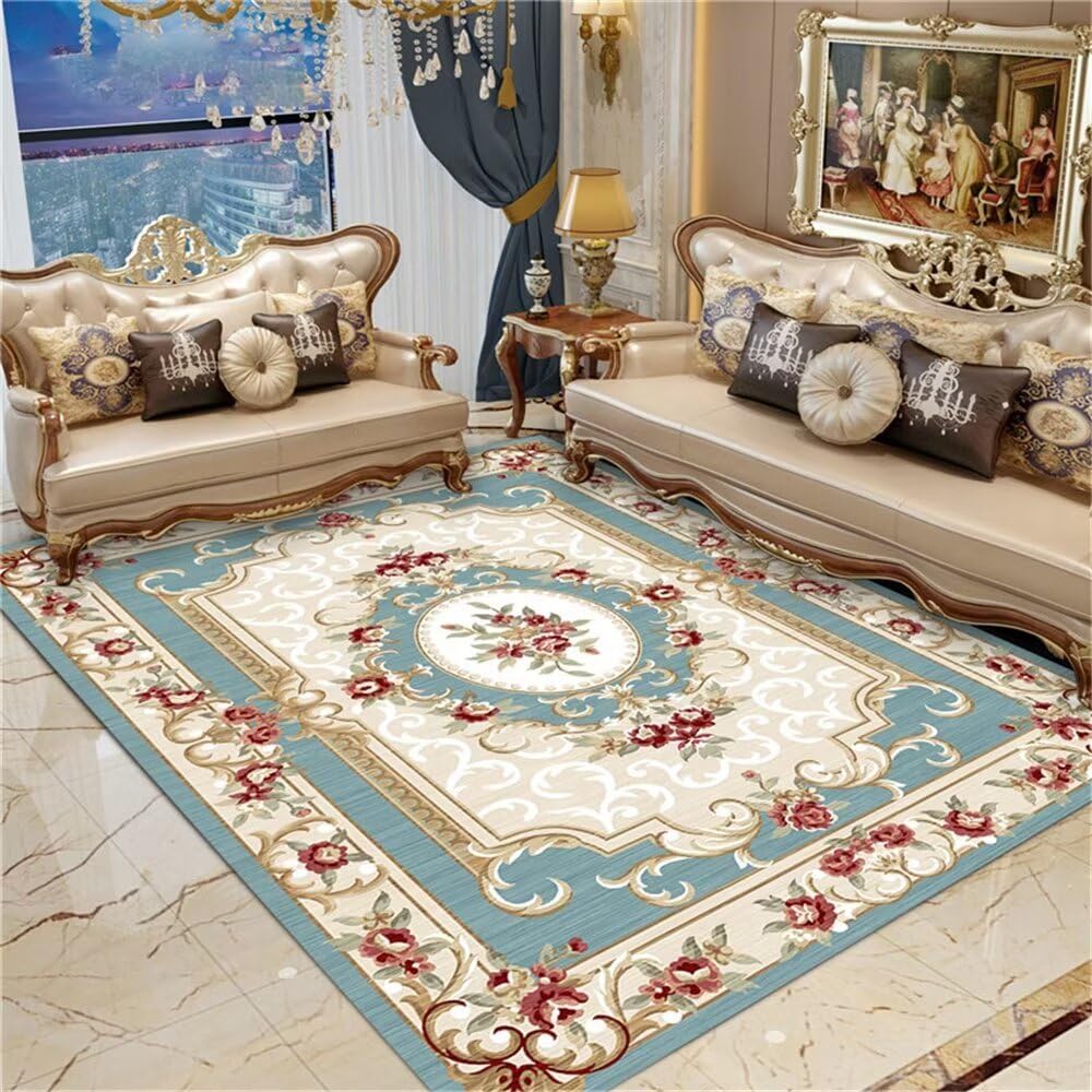 Tapis lavable en machine antidérapant bleu et crème 120x180 cm pour salon