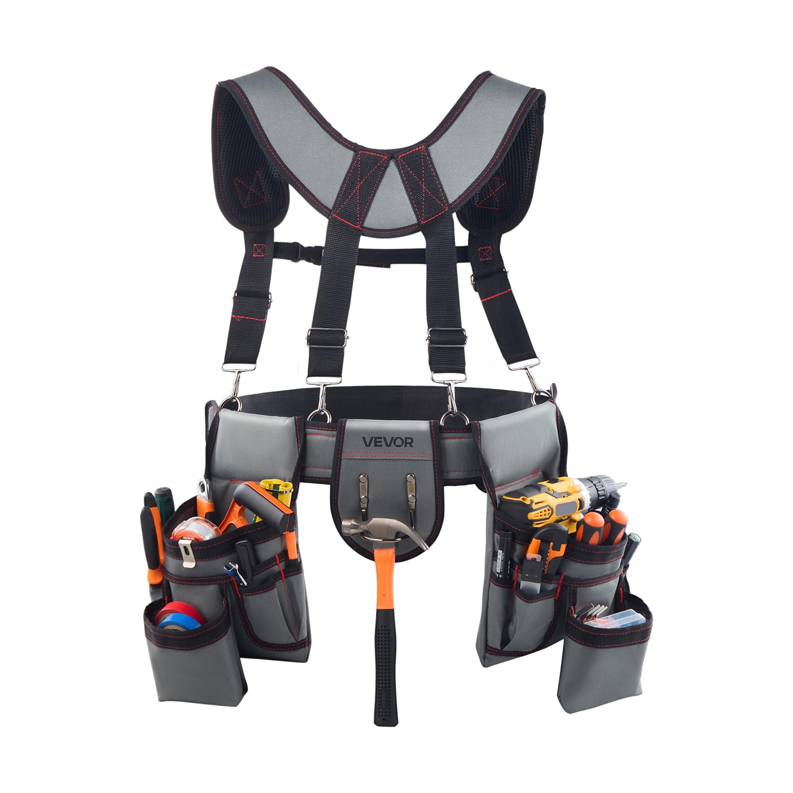 VEVOR Cinturón Portaherramientas para Profesionales, con 22 Bolsillos y Tirantes, Funda para Riñonera para Electricistas, Carpinteros y Obreros de la Construcción, Ajustable de 810 a 1730 mm