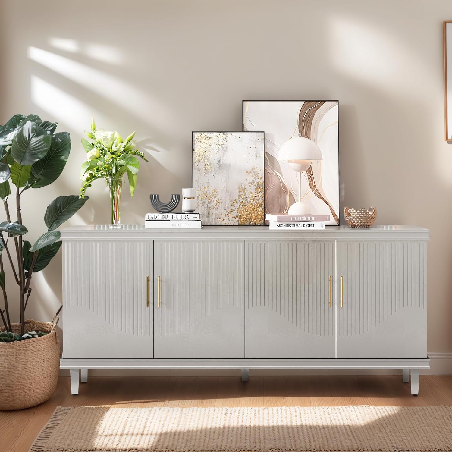 70" Large Sideboard Buffet Cabinet with Storage, Modern Accent Storage Cabinet with 4 Doors and Adjustable Shelves, Wooden Console Table for Living Room, Hallway, Entryway, Champagne