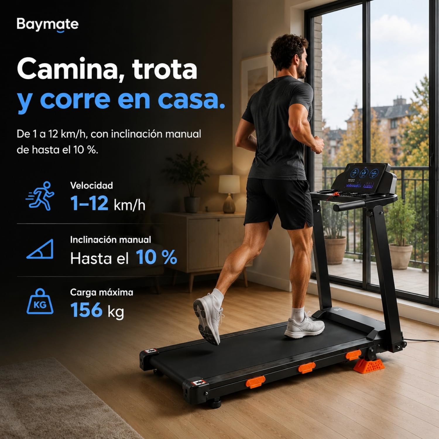 Cinta de Correr 10% Inclinación, 1-12 km/h, 3.0 CV, Carga 156 kg