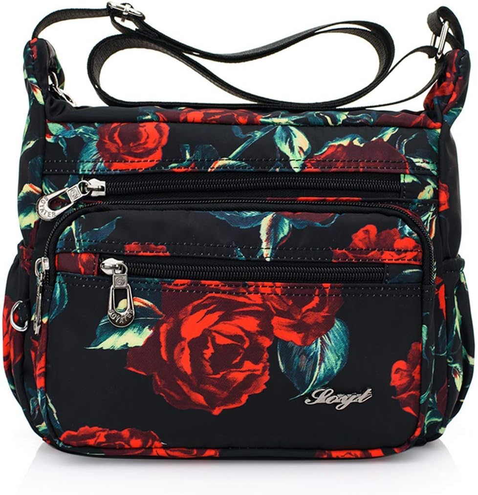 Nawoshow Nylon Floral Multi-Pocket Crossbody Purse Bags for Women Travel Shoulder Bag