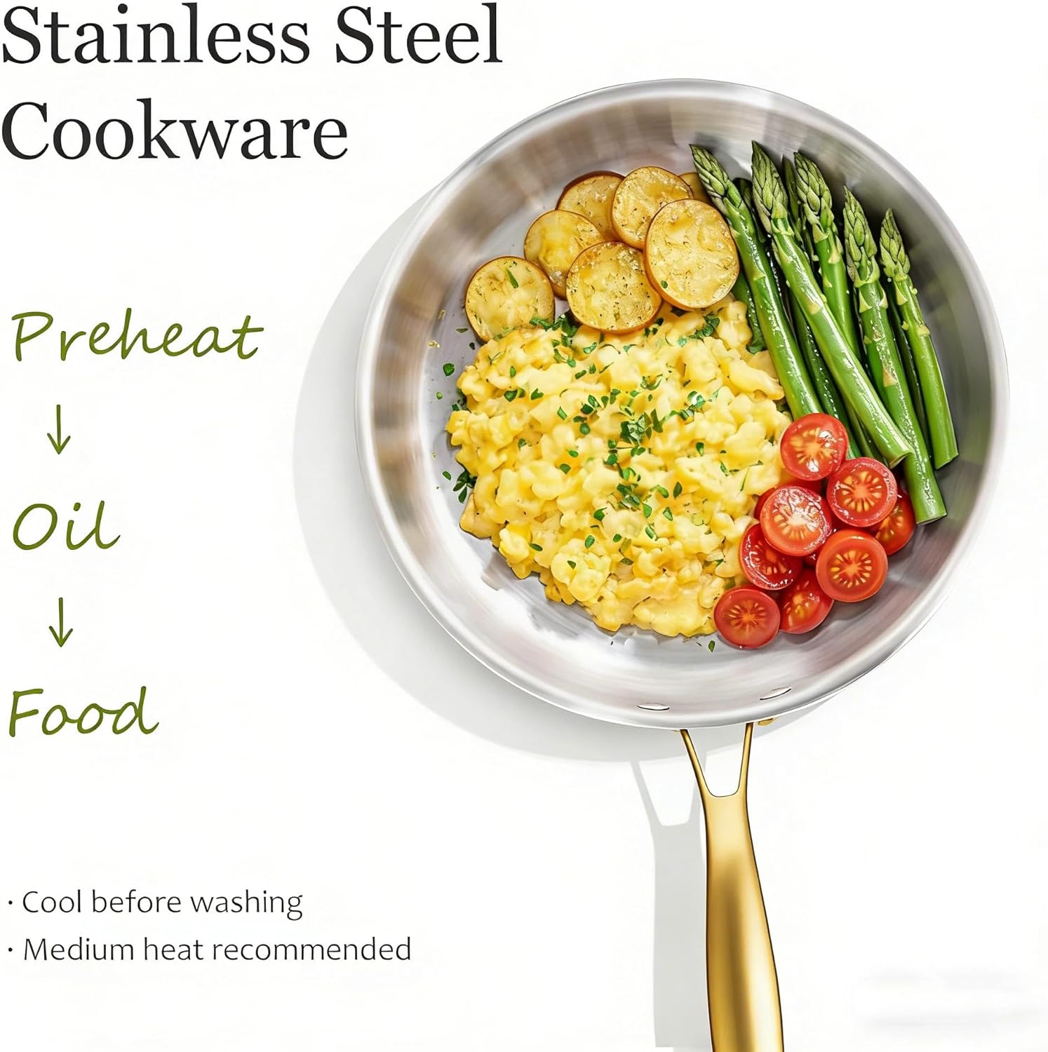 Stainless Steel Cookware Set, Tri-Ply Pots and Pans Set, 26 Piece Kitchen Cooking Utensils Set with Lids, Gold Grip Handles, Induction, Oven, Non-Toxic, Dishwasher Safe, Professional Chef Quality