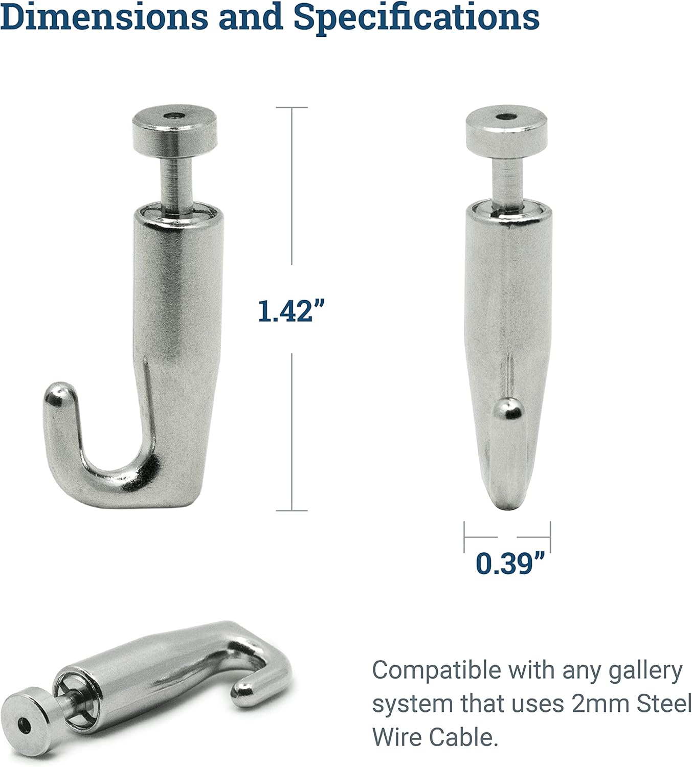 PHS Adjustable Art Hanging Hooks for Art Gallery Hanging System - Self-Gripping J-Hooks for Gallery Rails with 2.0mm Steel Cables - Adjustable Picture Hangers 10 Pack