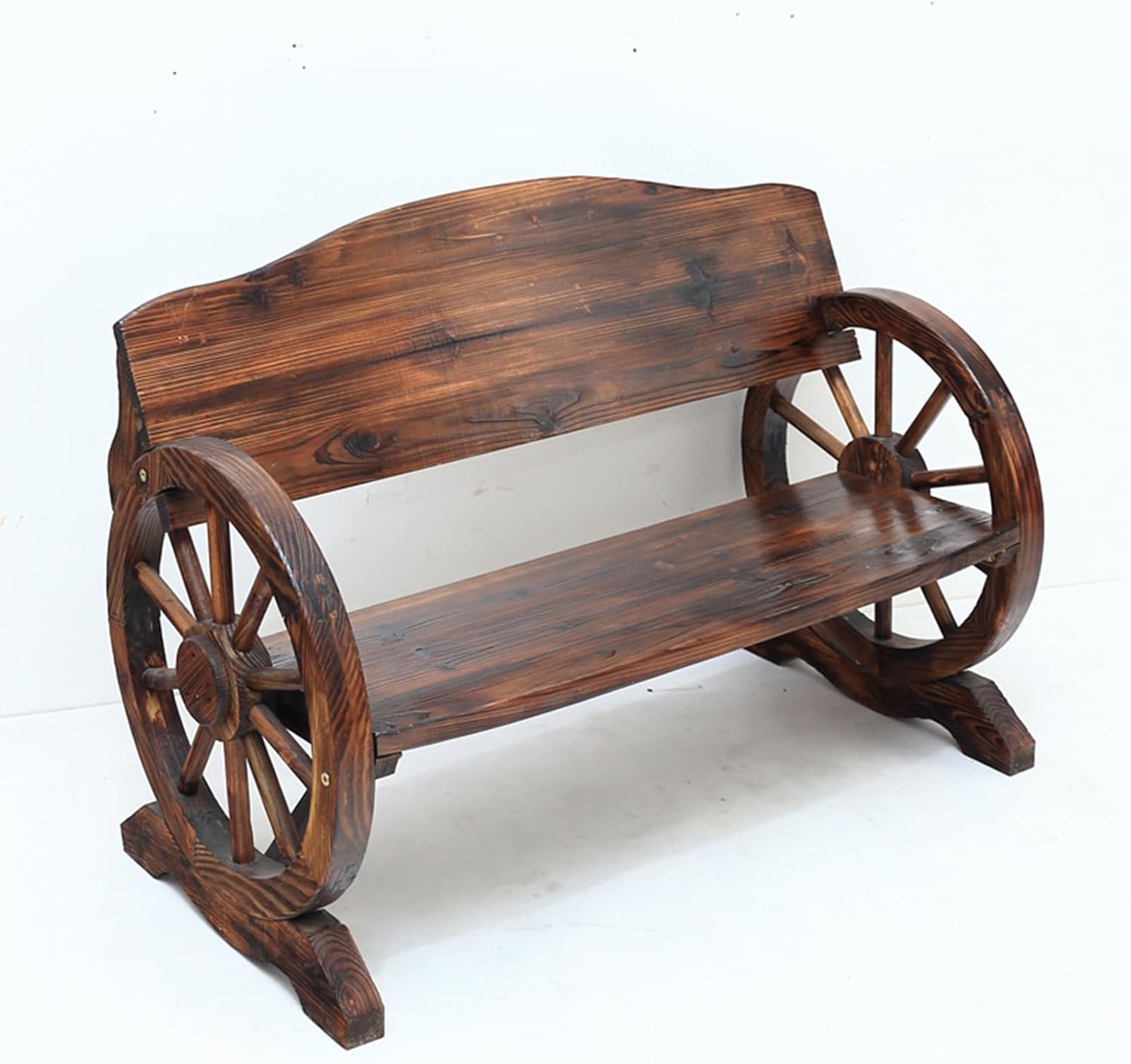 Outdoor Garden Bench, Rustic Wooden Wagon Wheel Bench Wheel Arms, w/Curved Backrest and Wide Armrest, 2-3 People Park Bench, Suitable for Backyard, Patio, Porch(A,43.3x21.6x31.1in)