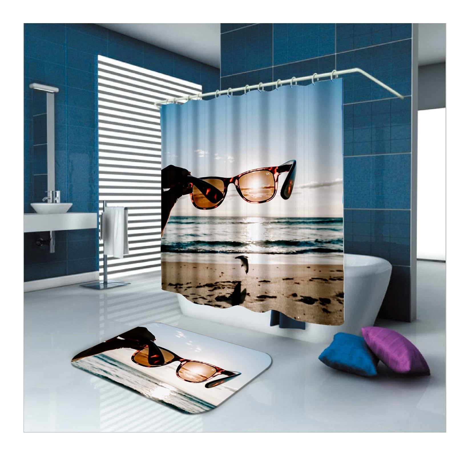 Rideau de douche en tissu de qualité supérieure bleu à motifs de plage
