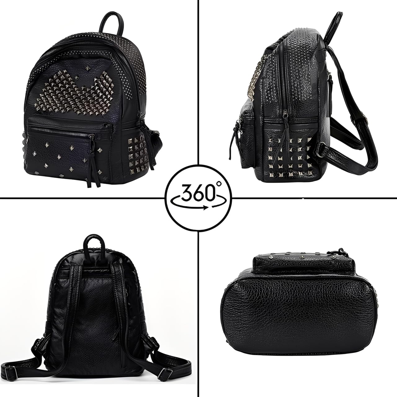 Rivet Design Luxe czarny plecak ze skóry PU torba na ramię wypoczynek torba podróżna torba szkolna plecak dla nastolatek dziewcząt, Czarny, M, Plecaki tornistry