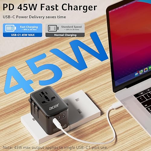 Miniatura 3 de Acer Adaptador de enchufe de viaje universal GaN de 45 W, adaptador de corriente internacional con 3 USB C y 1 USB A, toma de corriente en todo el