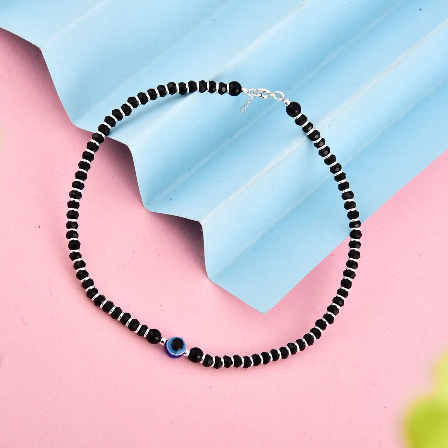 DHRUVS COLLECTION 925 Silver Evil Eye Nazariya Anklet with Black & Silver Crystal Beads For Women - One Piece