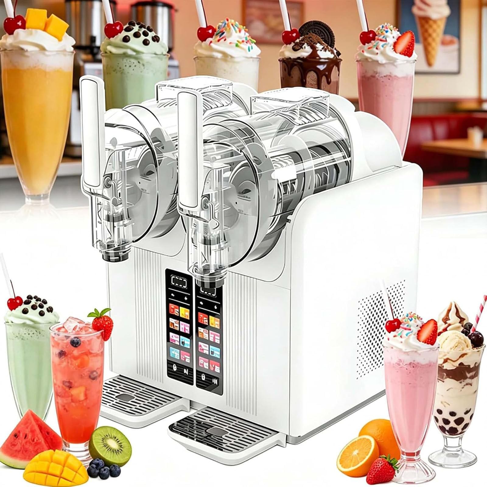 LJCSSD Slushie-Maker Machine, 7-In-1 Slushy Maker, Double Head Soft Ice Cream Machine, Dual 2l Tanks 430w, Touch Panel With Automatic Clean, Makes Slushies Milkshakes Cocktails White