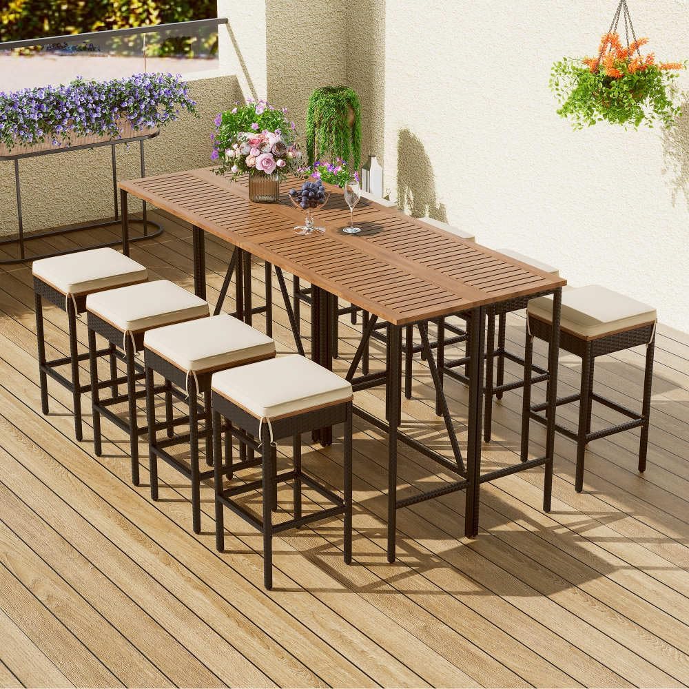 Outdoor Acacia Wood Bar Height Table Set with 8 Stools, Foldable PE Rattan Wicker Dining Table with Cushions, All-Weather Patio Furniture, Brown