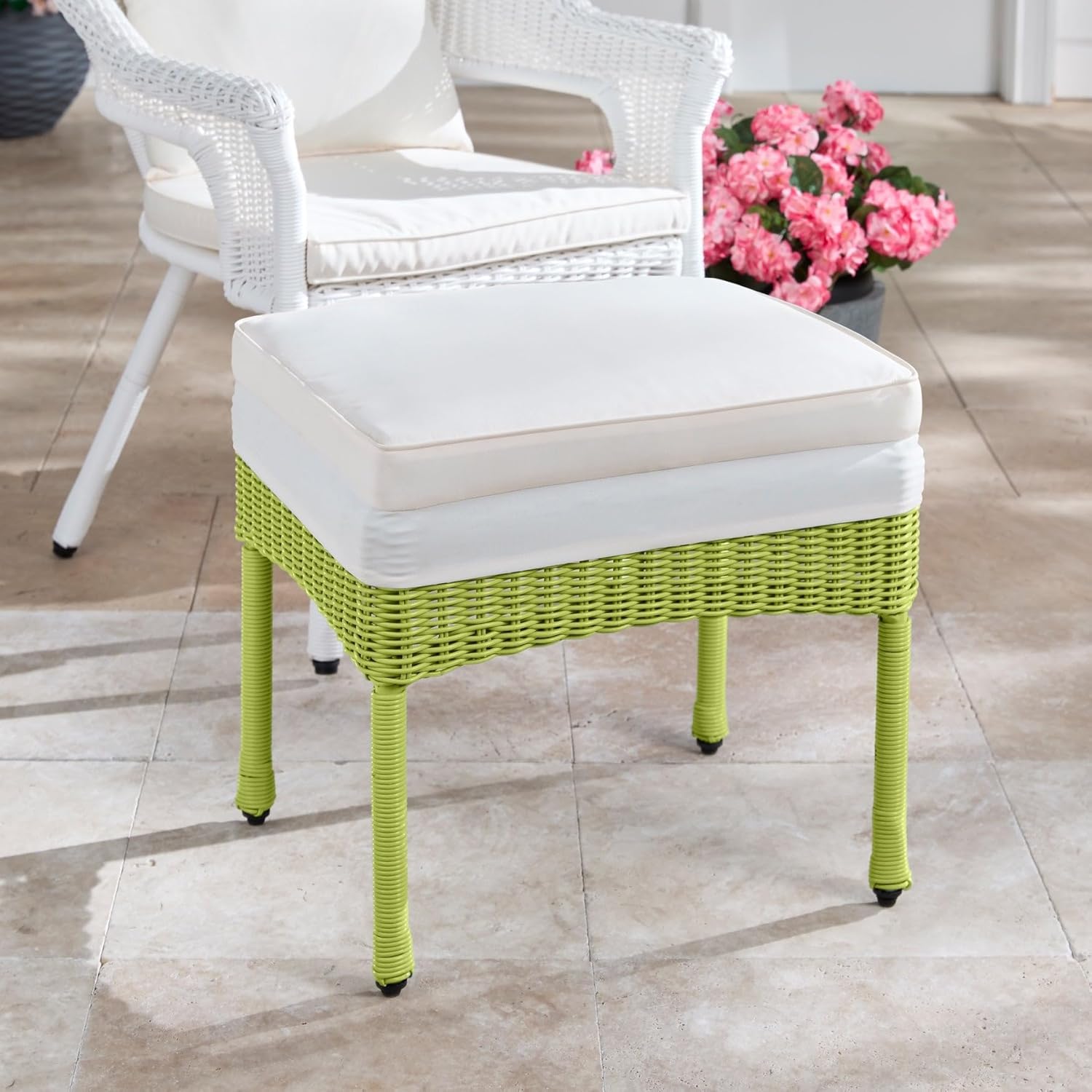 BrylaneHome Outdoor Roma All Weather Resin Wicker Patio Ottoman with Cushion Footrest Stool Yard No Assembly Required - Willow