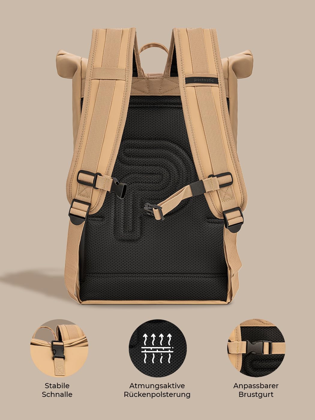 Pactastic großer Rolltop Rucksack mit Tragegriff | 660 Gramm leichter Rucksack aus wasserabweisendem veganem Tech-Material | 36 x 15 x 45 cm mit integriertem Schlüsselanhänger und Laptopfach