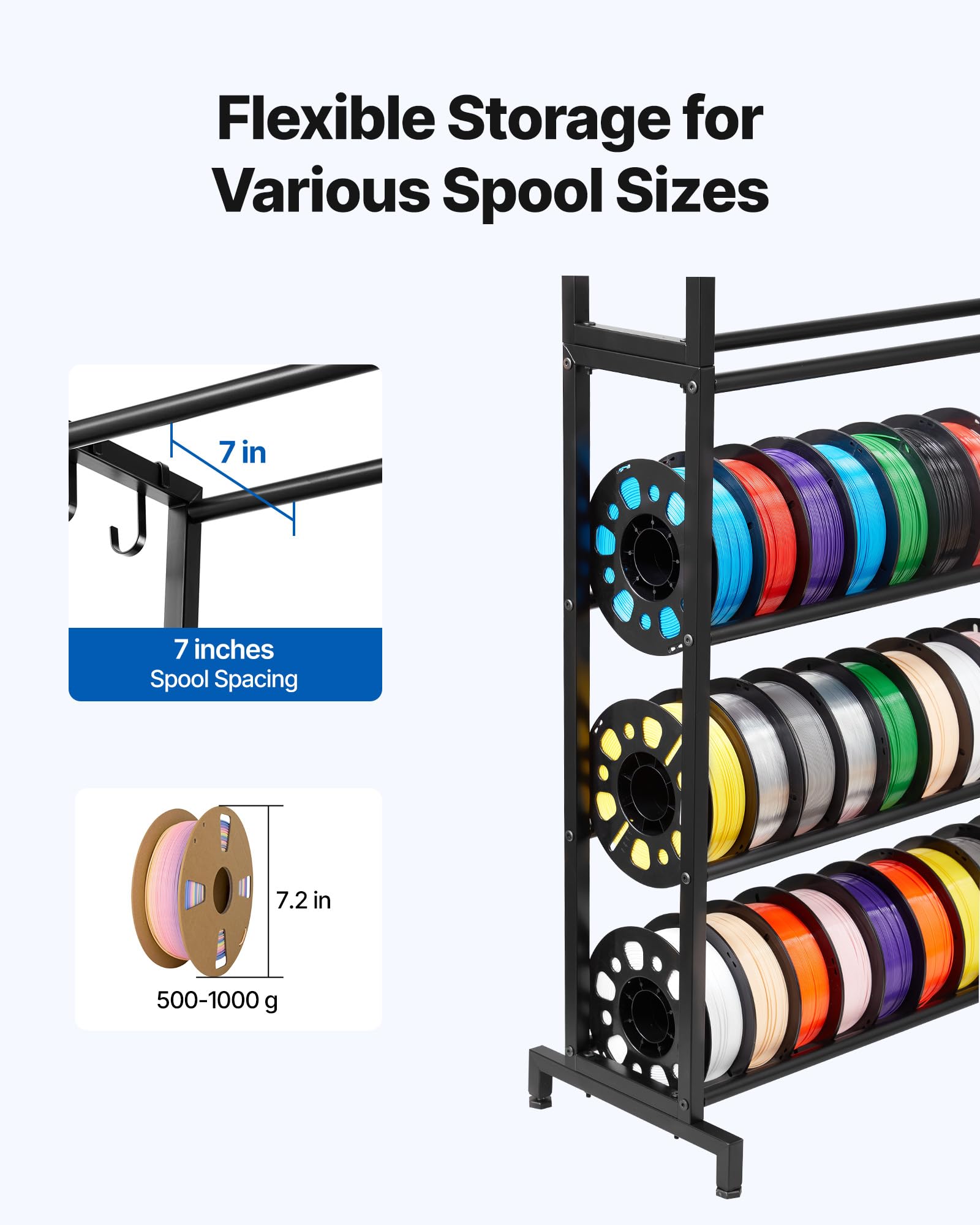 VEVOR Filament Lagerregal für 3D-Drucker, 7 Ebenen, Filamentspulenhalter, 840 x 320 x 1650 mm, Tragkraft 54,4 kg pro Ebene, 3D-Druckerzubehör für 3D-Druckstudio, Werkstatt, Schwarz